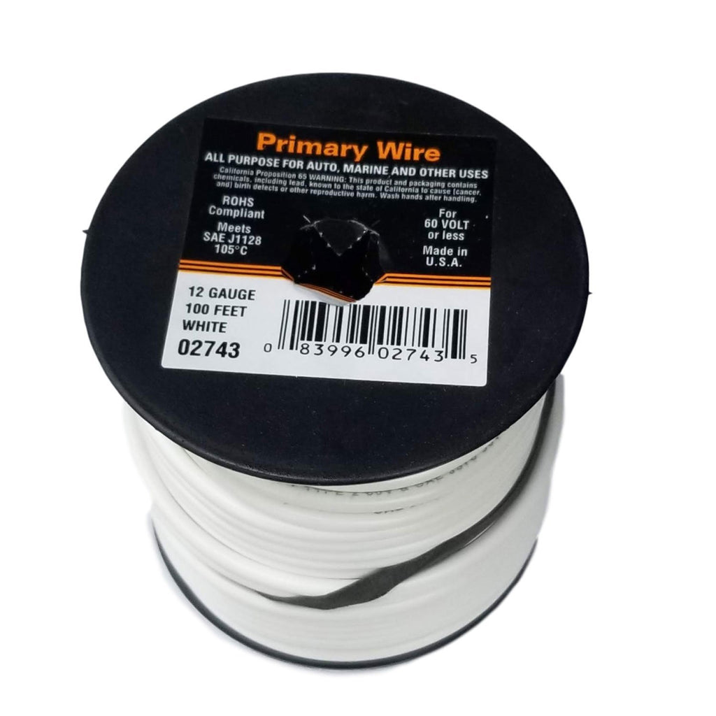 Audiopipe 12 Gauge Primary Wire - 100ft Roll, White, For Car Audio Remote/Power/Ground