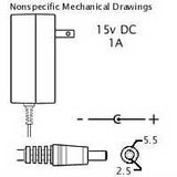 AC Adaptor: 15VDC 1A, 2.5x5.5mm