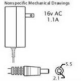 AC Adaptor: 16VAC 1.1A, 2.1x5.5mm