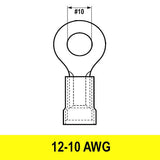 Ring Terminal, Yellow, 12-10 AWG, Stud #10, Vinyl, 100 pack