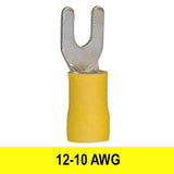 Spade (Fork) Terminal, Yellow, 12-10 AWG, Stud #8, Vinyl, 100 pack